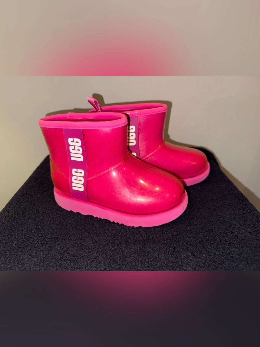 UGG bright pink classic clear mini boots, kids size 12, missing insoles